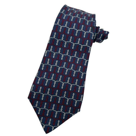 Hermes Mens Neck Tie 100% Silk Geometric Chain Link Red White Blue France EUC - Picture 1 of 4